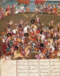 Arte islâmica: cena de batalha. Miniatura persa de um manuscrito do poema épico "Shahnameh" (Shah Nama, Shahnama) (Livro dos Reis) de Ferdowsi (Firdawsi, ou Ferdawsi, ou Firdousi, ca. 940-around 1020) Biblioteca Nazionale Nápoles