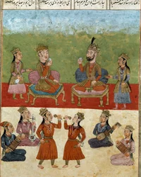 Arte islâmica: concerto e entretenimento num harém. Miniatura persa de um manuscrito do poema épico «Shahnameh» (Shah Nama, Shahnama) (Livro dos Reis) de Ferdusi (Firdawsi, Ferdawsi ou Firdousi, ca. 940-cerca de 1020), Biblioteca Nazionale, Nápoles