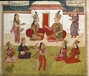 Arte islâmica: concerto e entretenimento num harém. Miniatura persa de um manuscrito do poema épico «Shahnameh» (Shah Nama, Shahnama) (Livro dos Reis) de Ferdowsi (Firdawsi, Ferdawsi ou Firdousi, ca. 940-cerca de 1020). Biblioteca Nazionale, Nápoles