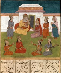 Cena de harém numa miniatura persa de um manuscrito do poema épico «Shahnameh» (Shah Nama, Shahnama) (Livro dos Reis) de Ferdusi (Firdawsi, Ferdawsi ou Firdousi, ca. 940-cerca de 1020), Biblioteca Nazionale, Nápoles