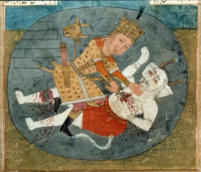 Rostam, filho de Zal, matando o demónio branco de Mazandaran, miniatura de um manuscrito do poema épico Shahnama (Shahnameh) de Firdawsi (guache sobre papel)