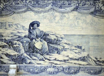 Henrique o Navegador, sentado, olhando para o mar - Azulejo dos arredores de Lisboa (Sintra).