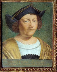 Retrato do navegador Cristóvão Colombo (1451-1506) Pintura em papel de velino da escola portuguesa