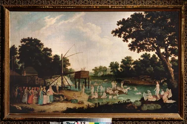 Banho terapêutico em Moscovo. (Banho termal: numerosas mulheres nuas banham-se perto de um edifício de sauna tradicional. Um grupo de pessoas vestidas junta-se a elas, com crianças tímidas). Pintura de um mestre russo, óleo sobre tela, final do século