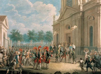 Catarina II (1729-1796) nas escadas da Catedral de Kazan (São Petersburgo), recebida pelo clero no dia de sua ascensão ao trono, 28 de junho de 1762. (Catherine II na escadaria da Catedral de Kazan, saudada pelo Clero no Dia o