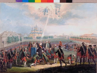 Catarina II Saudada pelo Regimento Izmaylovsky Lifeguard no Dia da Revolução do Palácio em 28 de Junho