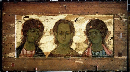 Cristo Emmanuel entoure des archanges Michel et Gabriel (Cristo Emmanuel com os Arcanjos Miguel e Gabriel). Icone russe, tempera sur bois, fin 12e siecle. Art de Vladimir (Russie). Galeria Estadual Tretyakov, Moscou (Russie).
