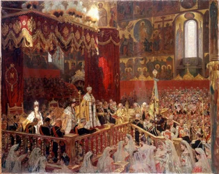 Coroação de Nicolau II em 1896 na Catedral da Dormição, em Moscovo - pintura russa anónima