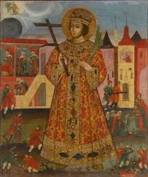 Dimitri Ivanovitch (1582-1591) (tsarevitch Demétrio ou Dimitri ou Dmitri de Úglich ou Dmitri de Moscovo) - Ícone russo: tsarevitch Demétrio com cenas de assassínio. Têmpera sobre painel, início do século XIX, Museu Estatal de Arquitectura, História e