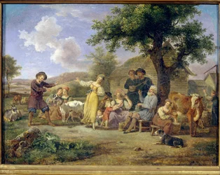 Festas camponesas. Pintura anónima, óleo sobre tela, segunda metade do século XVIII. Arte russa do século XVIII. Galeria Estatal Tretyakov, Moscou.