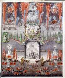 Fogo de artifício e iluminação a 17 de setembro de 1747 em Gostilitsy (Rússia). Obra anónima, gravura em cobre colorida com aguarela, meados do século XVIII. Arte russa