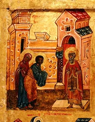 Ícone representando Joachim e Anna visitando o Templo em Jerusalém, c.1550 (tempera e folha de ouro no painel) (detalhe de 314500)