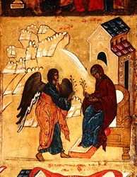Ícone representando a Anunciação, c.1550 (tempera e folha de ouro no painel) (detalhe de 314500)