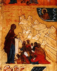 Ícone que representa a aparição milagrosa da Virgem ao Príncipe Andrei Bogoliubski em 1155, c.1550 (tempera & folha de ouro no painel) (detalhe de 314500)