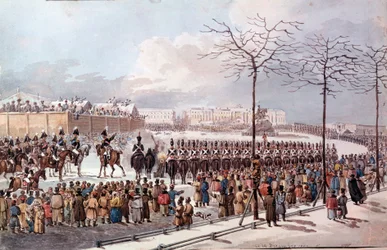 Em 1825, Revolta dos Decembristas (Decabristas) no futuro de Nicholas I para obter uma nova constituição. Gravura a partir de 1830. São Petersburgo. Biblioteca de l
