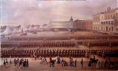 Inauguração em 1852 do monumento dedicado a Paulo I em Gatchina sob o domínio de Nicolau I (Rússia). Pintura da Escola Russa. São Petersburgo, Chateau De Peterhof