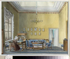 Interior da casa de E. Boratynsky (Evgueni Baratynski) (1800-1844) em Moscou (Interior da casa de E. Boratynsky em Moscou). Pintura de um mestre russo do século XIX. Aquarela sobre papel, por volta de 1830. Arte russa, classicismo. Museu Estadual de E. Bor