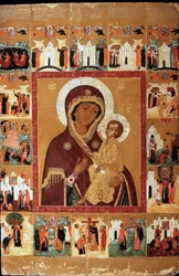 A Virgem de Tikhvin com as Maravilhas (A Virgem de Tikhvin com as Maravilhas). Ícone russo, início do século XVII. arte russa. Museu de Arte Estatal da República da Chuváchia, Cheboksary (Chuváchia).