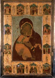 "A Virgem de Vladimir (Vladimirskaia) ícone russo. Pintura sobre madeira. 1514 Dormition Cathedral of the Kremlin, Moscovo
