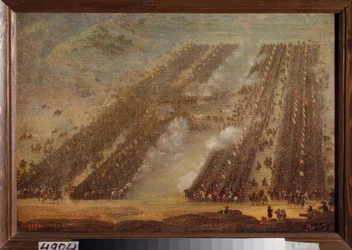A Batalha de Poltava (Pultawa) a 8 de Julho de 1709 (Linhas de batalha de cavalaria durante a Grande Guerra do Norte (1700-1721), o exército de Pedro I da Rússia (1672-1725) contra as tropas de Carlos (Karl) XII da Suécia (1682-1718). Pintura de um