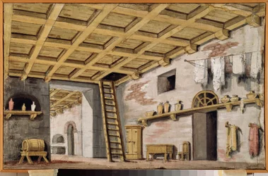 A cozinha. Decoração preparatória para uma peça de teatro. Trabalho de um mestre russo, cerca de 1790, tempera sobre tela. Arte cenográfica russa do século XVIII. Palácio do Museu Ostankino, Moscovo.
