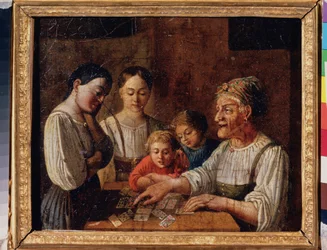A cartomante. (Velha prevendo o futuro em cartas). Pintura de um mestre russo, óleo sobre papelão, início do século XIX. Museu Estatal Russo, São Petersburgo.
