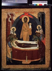 A Dormição da Virgem. A morte da Virgem, deitada numa cama, rodeada pelos Apóstolos, acima dela, Cristo levando a sua alma, como uma criança vestida de branco. Pintura por Theophanes o Grego (c. 1340-c. 1410)