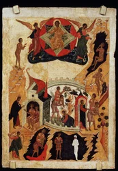 "A parábola do coxo e do cego" ícone russo. Pintura sobre madeira por volta de 1550. Museu Estatal Russo de São Petersburgo