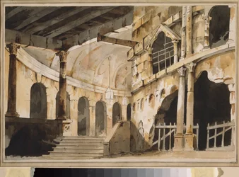 A prisão. Decoração preparatória para uma peça. Obra de um mestre russo, por volta de 1790, aquarela sobre papel. Arte cenográfica russa do século XVIII. Museu Palácio Ostankino, Moscou.