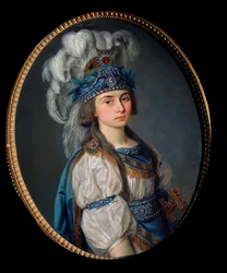 A actriz e cantora Praskovia Zhemchugova (1768-1803), como Eliane, para a ópera de Andre Ernest Modeste (Andre-Ernest-Modeste) Gretry (1741-1813), "Os Casamentos Samnite". Pintura por um mestre russo, óleo sobre tela, finais de 1780. Arte cenográfica russa