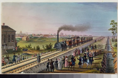 A chegada do primeiro comboio de São Petersburgo a Tsarkoye Selo, 30 de Outubro de 1837. Trabalho de um mestre russo, aguarela sobre papel