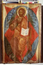 Cristo em Majestade, Salvador do Mundo (Cristo em Majestade, Salvador do Mundo). Jesus Cristo em majestade (na glória) em uma mandorla fazendo o sinal de bênção. Ícone russo, têmpera sobre madeira, início do século XVI, arte de Rostov Suzdal. Estado A.Rubl