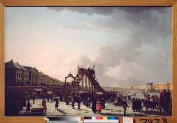 A montanha-russa sobre o rio Neva em São Petersburgo. (slide efémero para a época de Inverno). Pintura por um mestre russo, óleo sobre tela