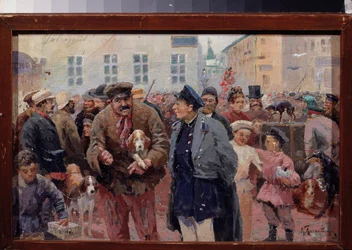 O mercado de animais na Praça Trubnaya em Moscou. (A multidão entre gaiolas e vendedores de animais). Obra de um mestre russo, óleo sobre tela, segunda metade do século XIX. Museu Literário Central do Estado, Moscou.