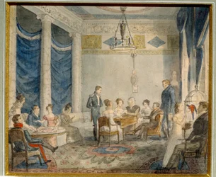 O Salão da Família Olenin em Priyutino (Rússia). (O Salão da Família Olenin em Priyutino). Encontro artístico e literário na casa de Alexei (Aleksin) Nikolaevich Olenin (1778-1836), um estudioso e estadista perto de São Petersburgo, cuja esposa era membro 
