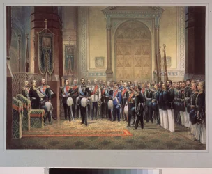 O Juramento de Fidelidade do Czarevich Nicholas Alexandrovich Romanov da Rússia (1843-1865) na Igreja do Exército. Trabalho de um mestre russo, aguarela sobre papel