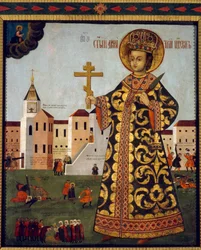 Czarevich Demetrius (1582-1591) (ou Dimitri de Moscou, em frente à cidade de Uglich, na Rússia). Pintura anônima, têmpera sobre madeira