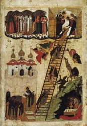 "A Escada do Paraíso de São João Clímaco" (Holy Ladder of St. John the Sinaitic) Representa os monges que chegam ao topo da escada e os que caem no inferno - ícone russo do Museu Estatal Russo do início do século XVI, St.