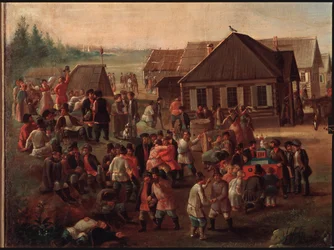 Festas públicas na aldeia de Alexeevskoye. Pintura de um mestre russo, óleo sobre tela, meados do século XIX. Galeria Estatal Tretyakov, Moscou.