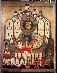 "Liturgia". Símbolo russo "Synaxis of the Archangels". Pintura em madeira do século XVI. Galeria Estadual Tretyakov, Moscovo