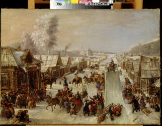 Entrudo. Cena de festividades tradicionais e divertimentos populares numa rua nevada de uma pequena cidade de casas de madeira. Foi preparada uma pista de trenó e os habitantes bebem e cumprimentam-se alegremente. Pintura anónima