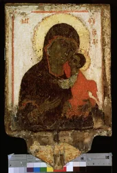 "" Nossa Senhora (Nossa Senhora) da Ternura"" ou ""Virgem Eleusa (Eleousa)"" ícone russo. Pintura sobre madeira de finais do século XIV início do século XV. Museu Estatal Russo São Petersburgo