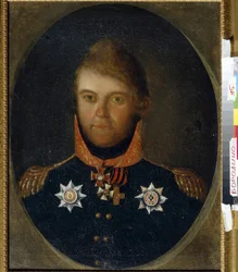 Retrato Dmitry Petrovich Neverovsky (1771-1813). Um oficial militar russo, ele está vestido com seu uniforme e suas medalhas de honra, incluindo a cruz de São Jorge (cruz branca com fita laranja e preta), a medalha da ordem de São Vladimir (cruz r