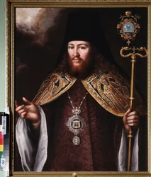 Retrato de Archimandrite Gedeon Krinovsky (1726-1763), (Superior de um mosteiro ortodoxo (abade), vestindo o klobouk (cocar) e uma jóia peitoral representando o Santo Sudário). Pintura por um mestre russo, óleo sobre tela