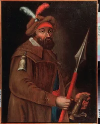 Retrato do chefe cossaco Yermak Timofeyevich (nascido entre 1532 e 1542-1585), conquistador da Sibéria. Pintura anónima, início do século XVIII. Museu Estatal de Arte, Tomsk (Rússia).