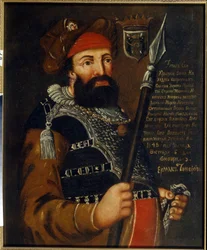 Retrato do chefe cossaco, conquistador e explorador da Sibéria, Yermak Timofeyevich (nascido entre 1532 e 1542-1585).