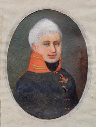 Retrato do poeta Anton A. Delvig (Delwig) (1798-1831). (em uniforme militar). Obra de um mestre russo, aquarela e guache sobre chifre, por volta de 1800. Arte russa do século XIX. Museu de Arte do Estado, Tula (Rússia).