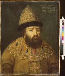 Retrato do czar Alexis I Mikhailovich da Rússia (1629-1676). Pintura por um mestre russo, óleo sobre tela, finais do século XVII. Arte russa primitiva. M. Kroshitsky Art Museum, Sebastopol (Ucrânia).