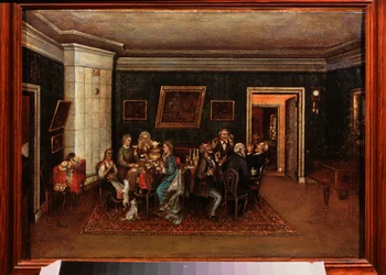 Recepção da noite (cena da vida quotidiana, família e amigos reunidos à volta da mesa de jantar). Pintura por um mestre russo, óleo sobre tela, meados do século XIX. Museu Literário Central do Estado, Moscovo.