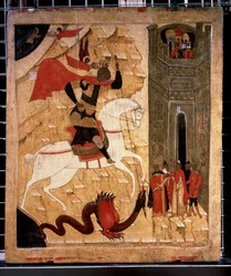 Ícone russo "Representação de São Jorge e do Dragão". Pintura em madeira do século XV. Galeria Estadual Tretyakov, Moscovo